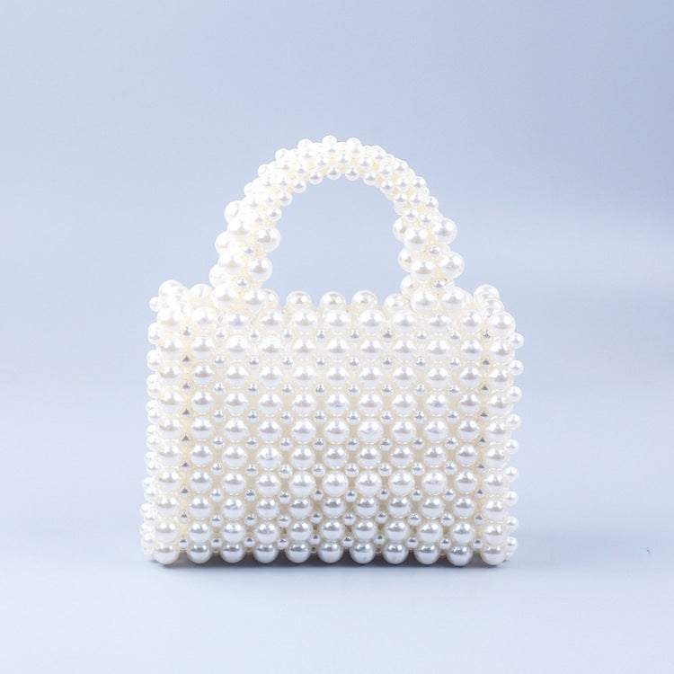 Fresh Sweet Imitation Pearl Acrylic Beaded Weave Handbag Square Hand Held