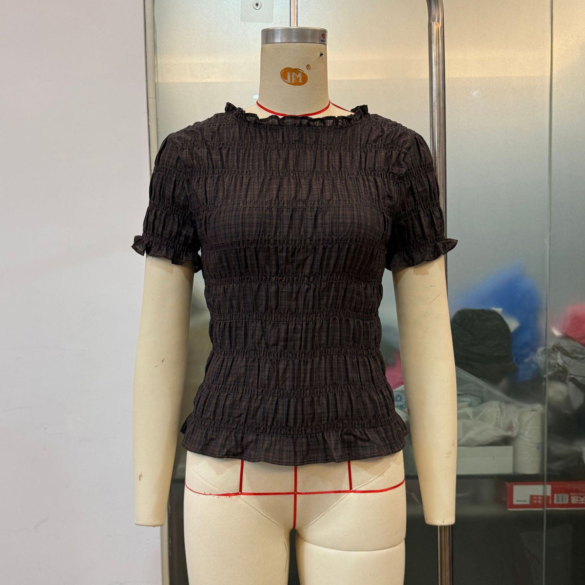 Women Clothes Solid Color Grid Casual All Matching Slim Fit Fitted Waist Pleated Cropped Short Sleeved Top