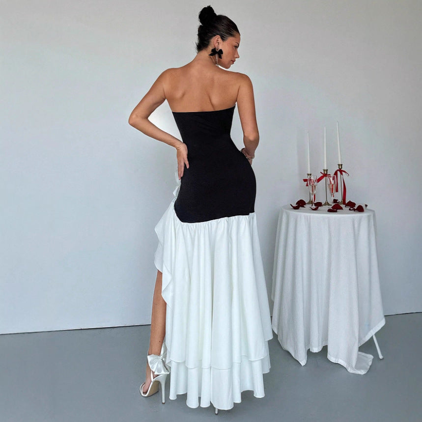 Elegant Sexy Dress Black Tube Top Irregular Asymmetric Lace Dress
