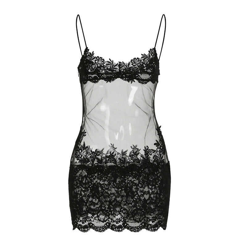 Women Mesh Lace Lace Spaghetti Strap Dress See through Sexy Nightdress Vacation Swimsuit