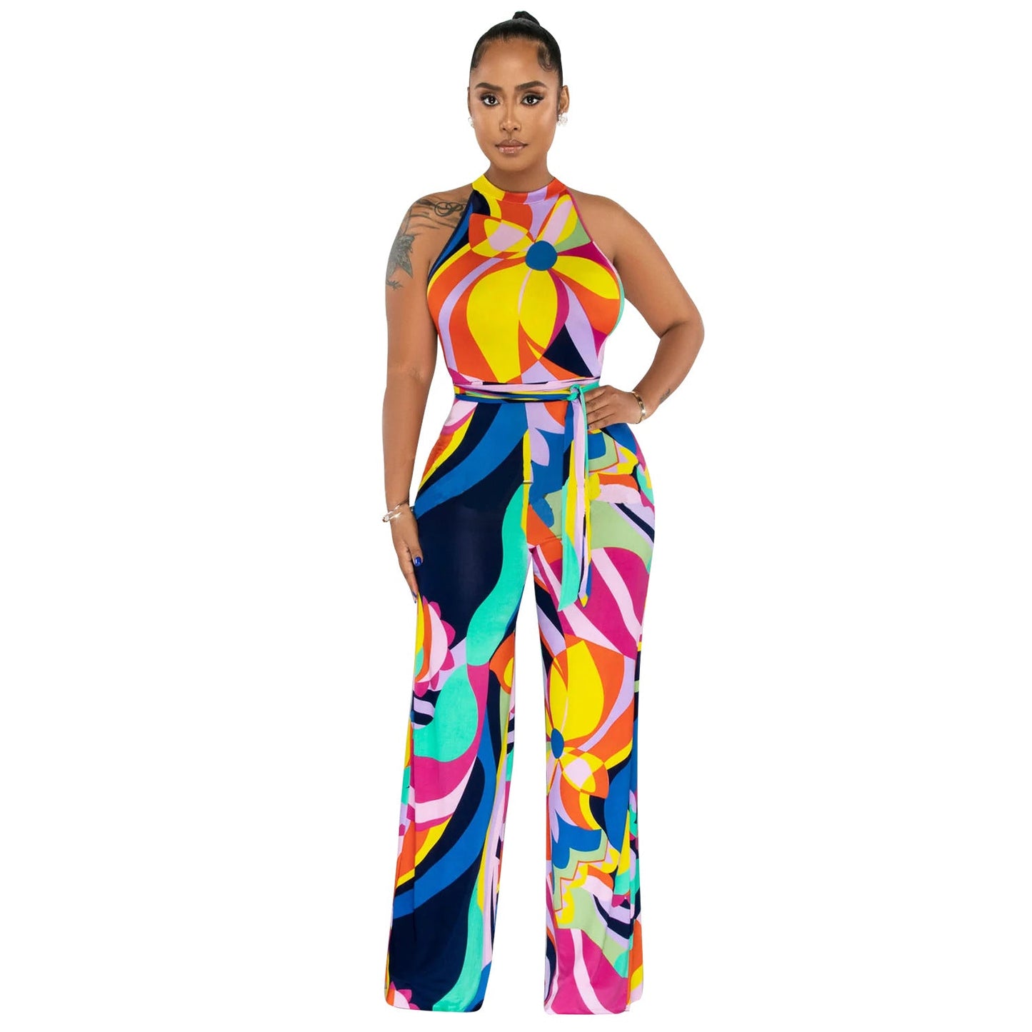 Summer Women Clothing Printed Sexy Sleeveless Lace up Jumpsuit Trousers for Women