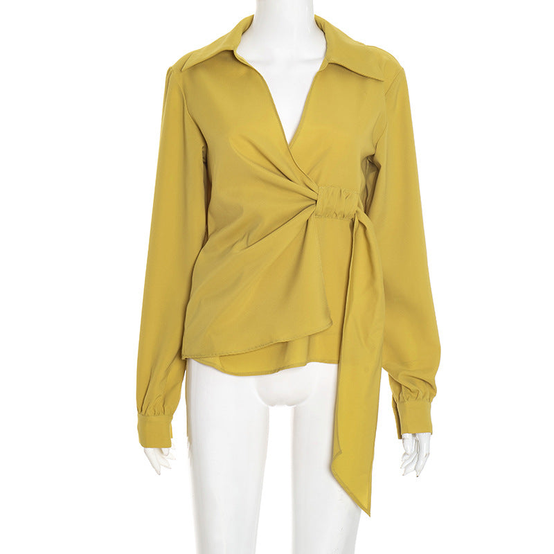 Women Clothing Autumn Long Sleeve Elegant V neck Solid Color Waist Tight Chiffon Shirt Women