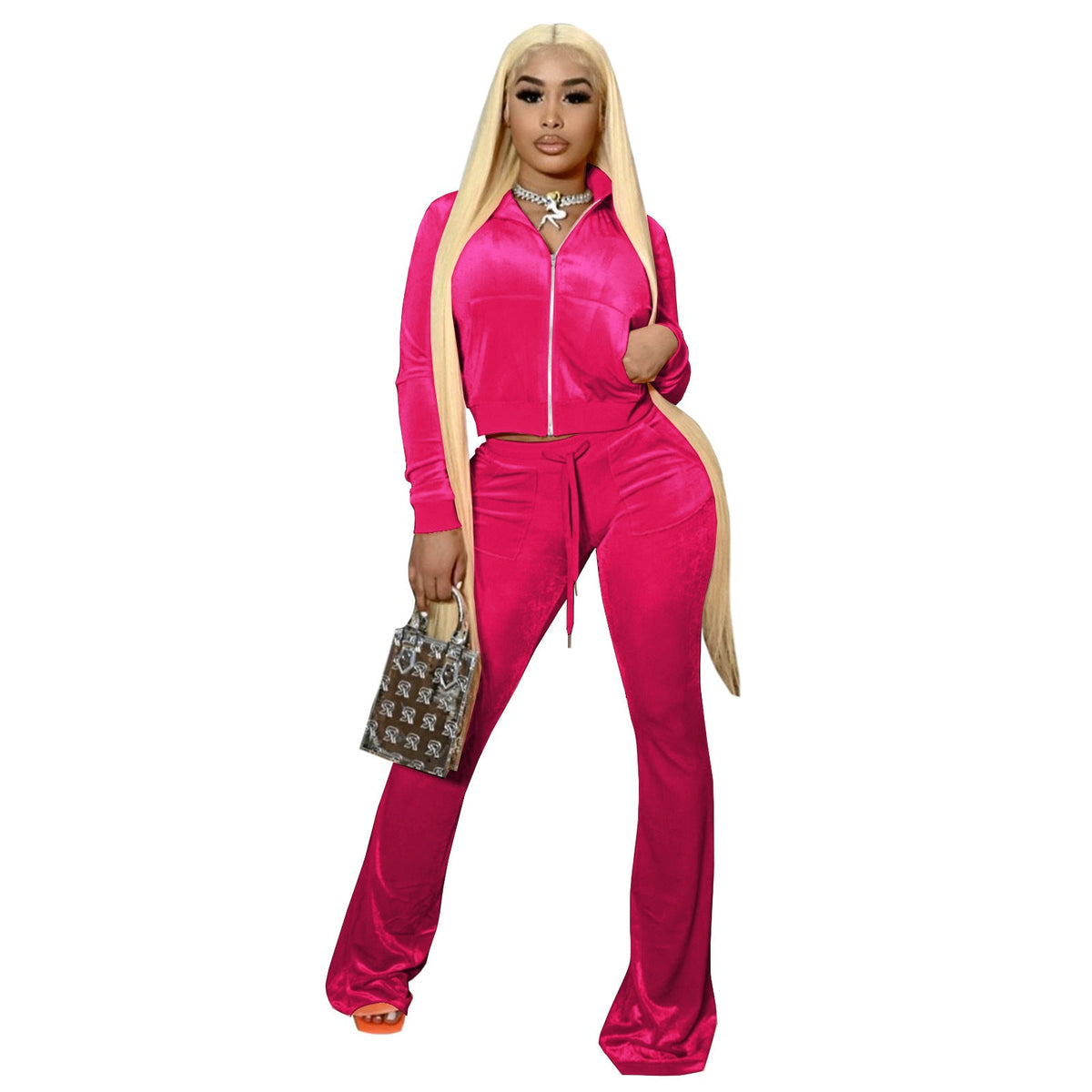 Women Clothing Two-Piece Korean Velvet Solid Color Long Sleeve Sexy cropped Casual Sports Suit