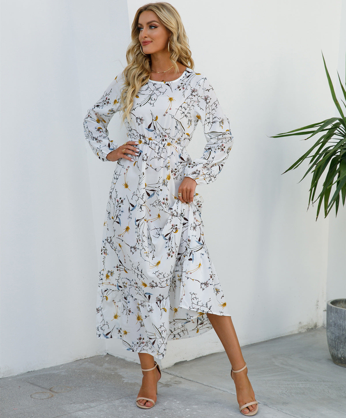 Spring and Autumn floral chiffon dress waist thin long sleeve round neck long printed skirt children