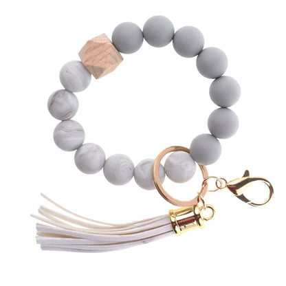 PU Tassel Keychain Bag charm Silicone Beaded Keychain Wristlet Key Ring Bracelet Cute Car Key Chain Holder for Women Girls