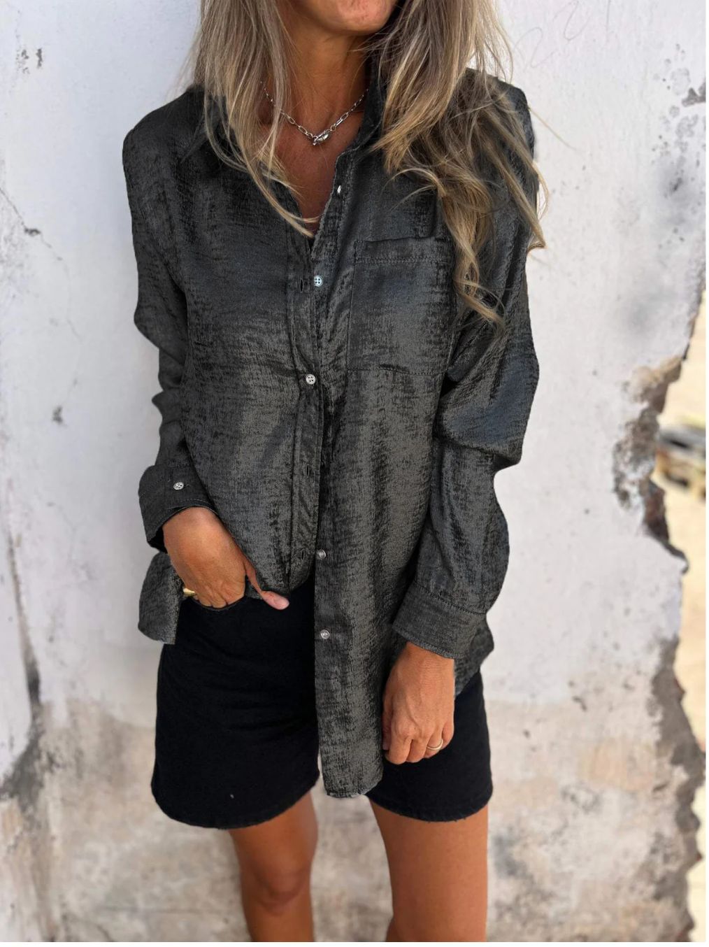 Spring Women Clothing Casual Suede Polo Collar Shirt