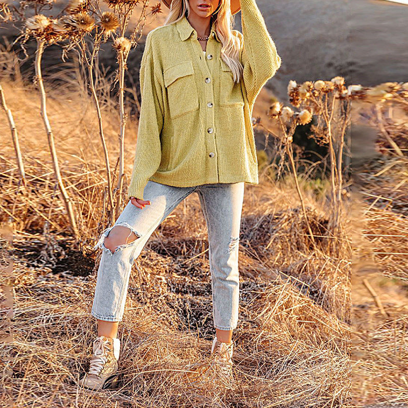 New Autumn Winter Shacket Solid Color Loose Corduroy Pocket Long Sleeve Outerwear