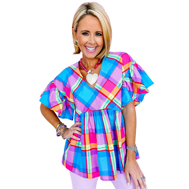 Casual Loose Plaid Printed Chiffon Blouse Women Summer Color V Neck Puff Sleeve Pullover