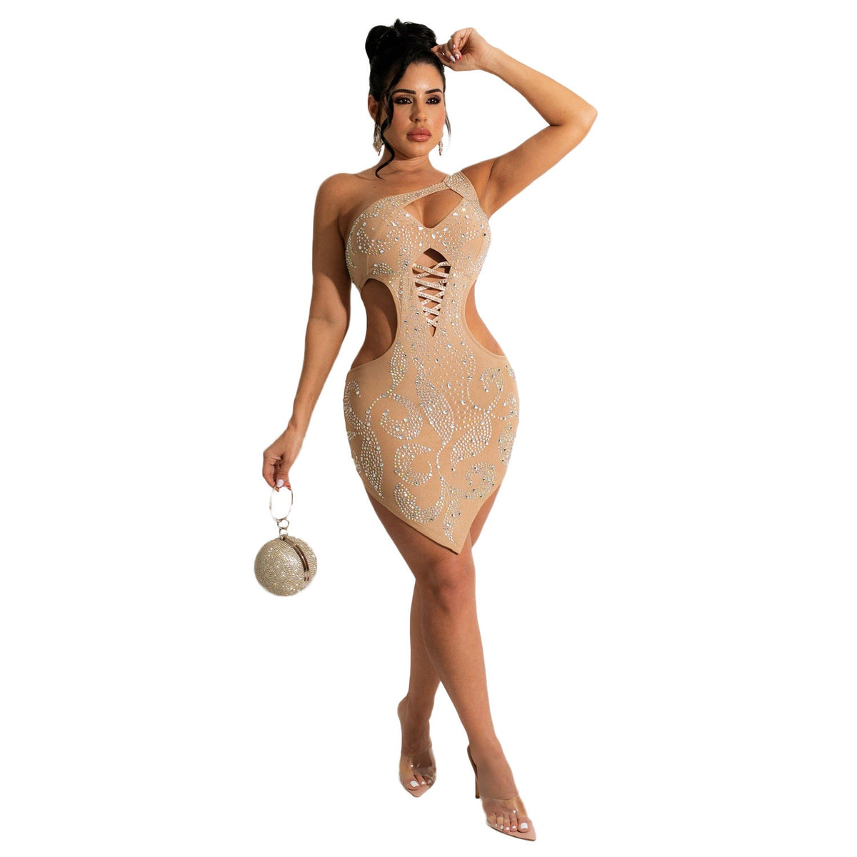 Women Clothing Sexy Hollow Out Cutout Oblique Shoulder Rhinestone Irregular Asymmetric Women