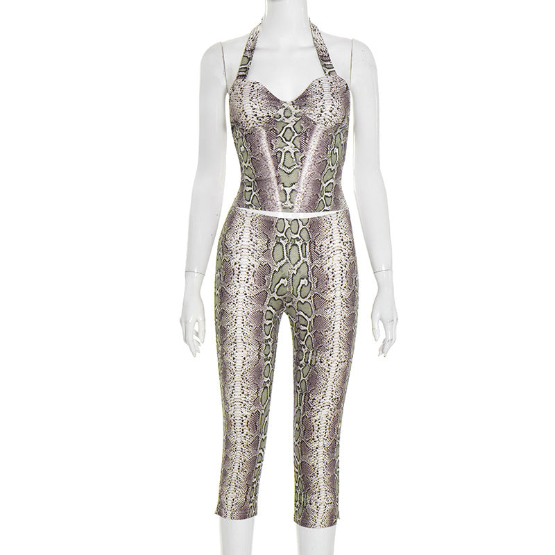 Women Clothing Autumn Snake Print Halter Sleeveless Top Slim Trousers