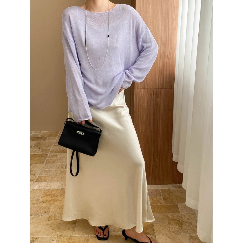 Light Oxygen Breathing Feeling Tencel Linen Lazy Curling with round Neck Loose Sun Protection Knitted Blouse