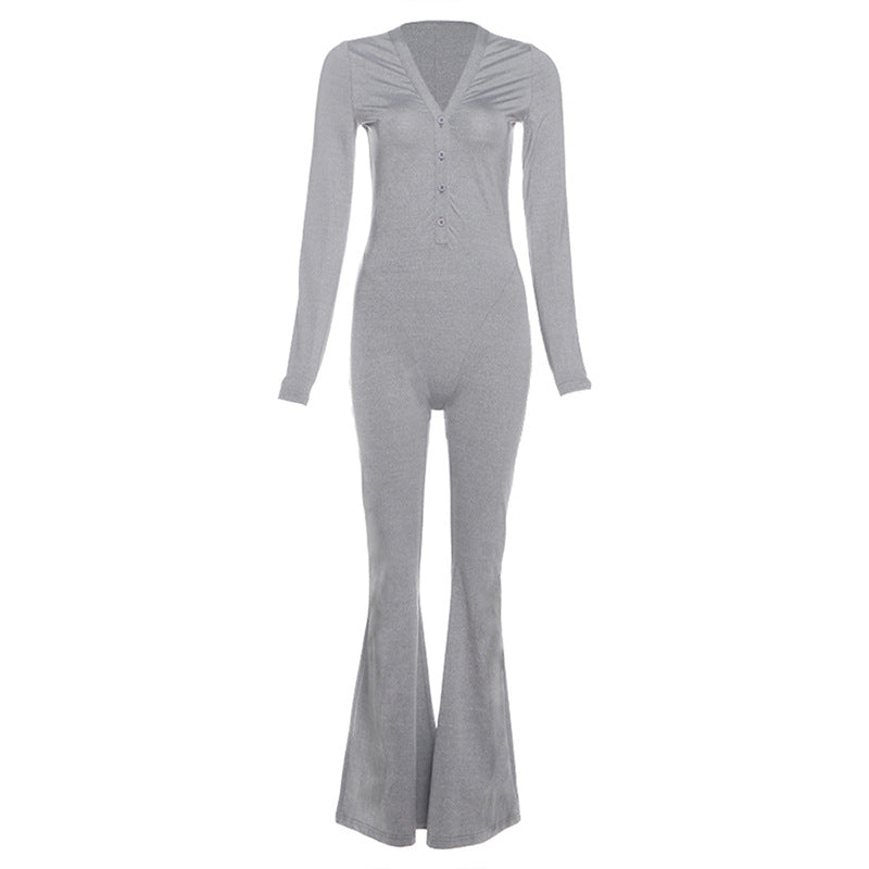 Women Clothing Autumn Solid Color V neck Button Tight Long Sleeve High Waist Micro Pull Jumpsuit