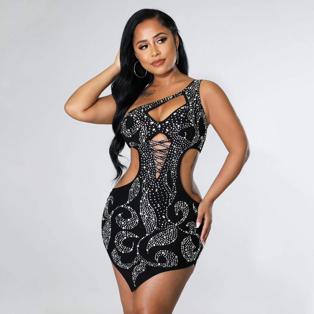 Women Clothing Sexy Hollow Out Cutout Oblique Shoulder Rhinestone Irregular Asymmetric Women