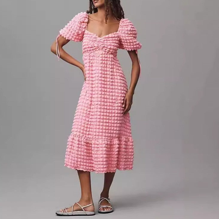 Bubble Sleeve Women Elegant Dress Long Short Sleeve French Tied Vacation Dress