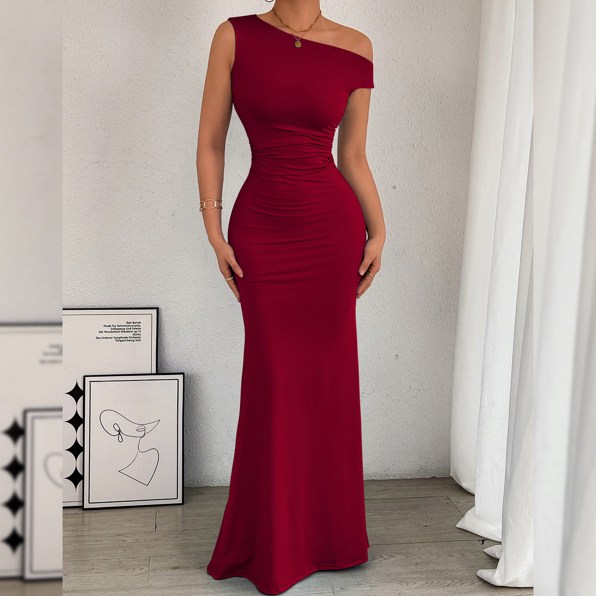 Women Fishtail Dress Slant Shoulder Collar Waist Pleated Sleeveless Sexy Dress
