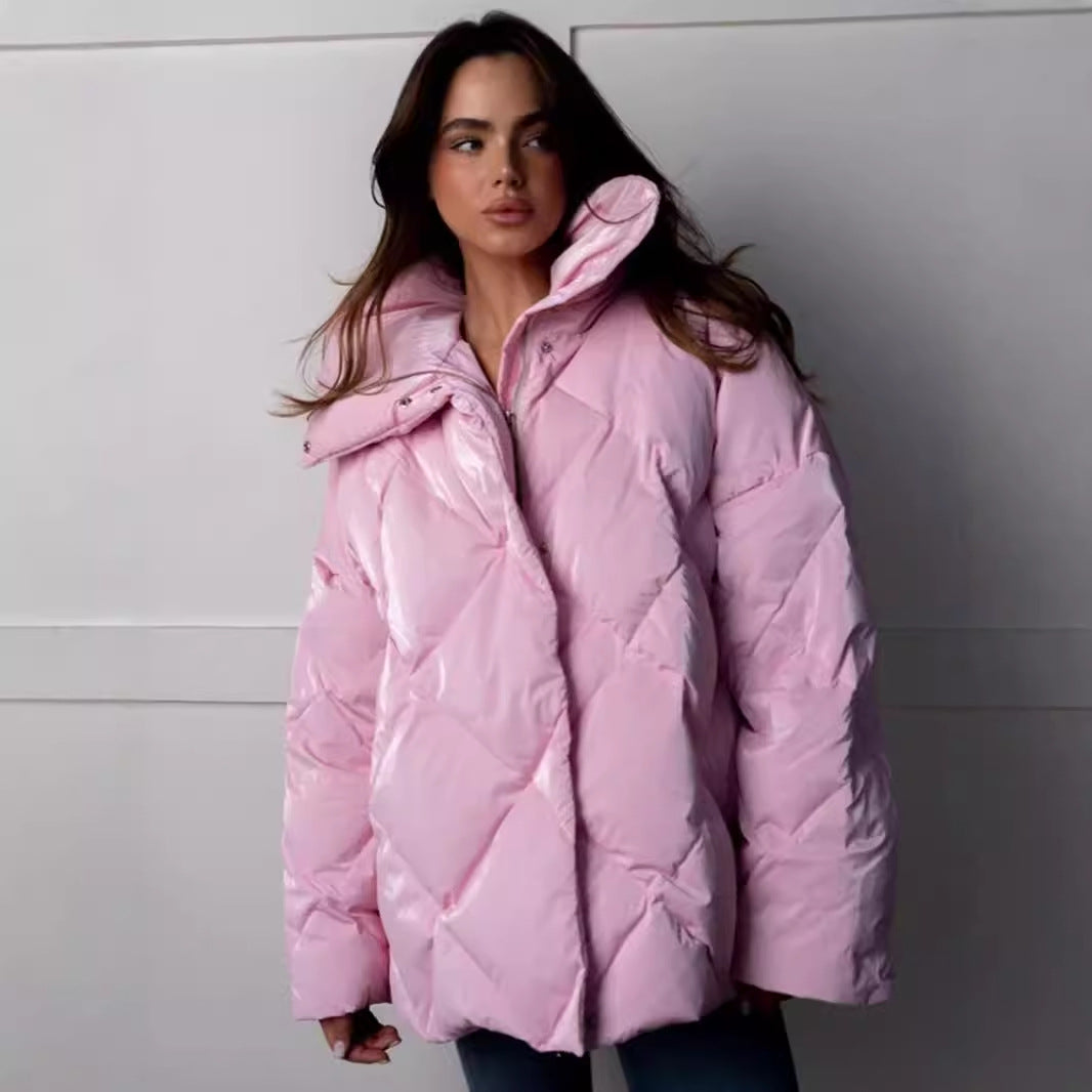 Rhombus Cotton Padded Jacket Women Clothing Autumn Winter Baggy Coat Matte Glossy Collared Cotton Padded Coat Casual Jacket