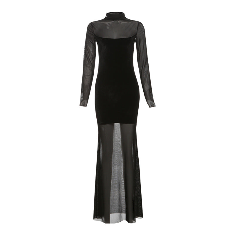 Women Clothing Autumn Winter Personality Mesh Patchwork Turtleneck Long Sleeve Dress Women