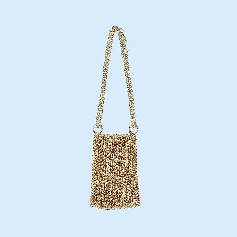 Metal Shiny Hand Woven Chainmail Mobile Phone Bag Crossbody Mini Hollow Out Cutout Small Bag Exquisite Light Luxury