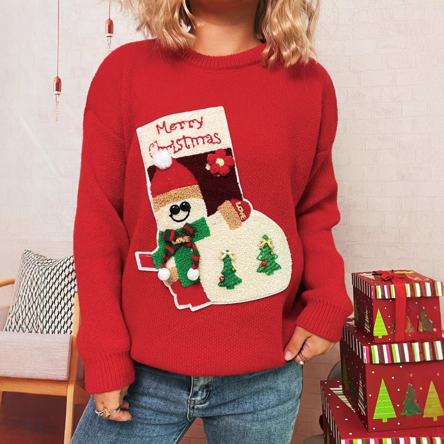 Autumn Winter Christmas Contrast Color Three Dimensional Pattern Sweater Chic Casual Women Knitting Pullover