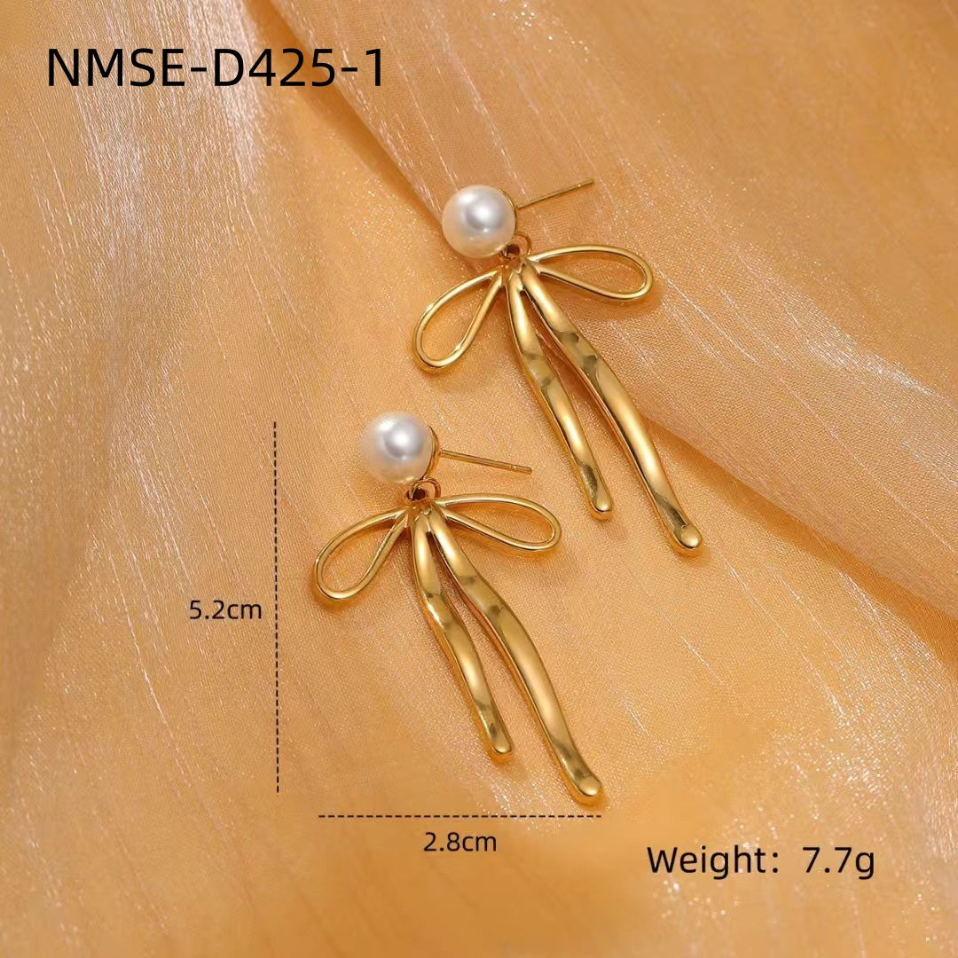 Fashionable Simple Pearl Bow Titanium Steel Earrings for Women Special Interest Design High Grade Stainless Steel Studs Earrings