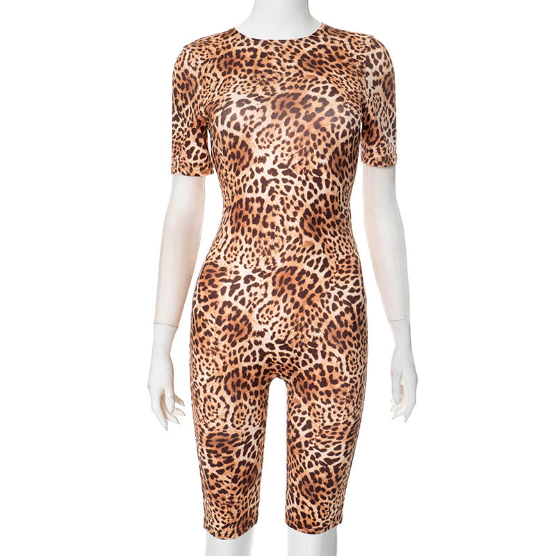 Women Spring Summer Leopard Print round Neck Pullover Button Bare Back Sheath Jumpsuit
