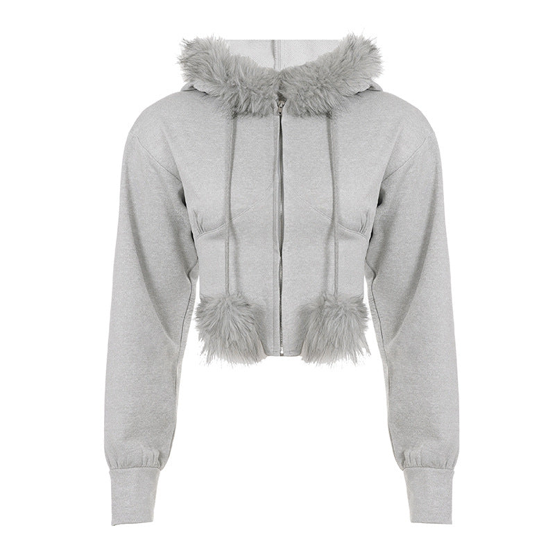 Casual Sports Fur Stitching Solid Color Zipper Hooded Coat Women Fur Ball Short Waist Tight Slimming Sweatshirt