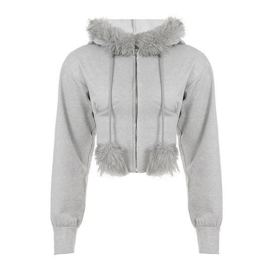 Casual Sports Fur Stitching Solid Color Zipper Hooded Coat Women Fur Ball Short Waist Tight Slimming Sweatshirt