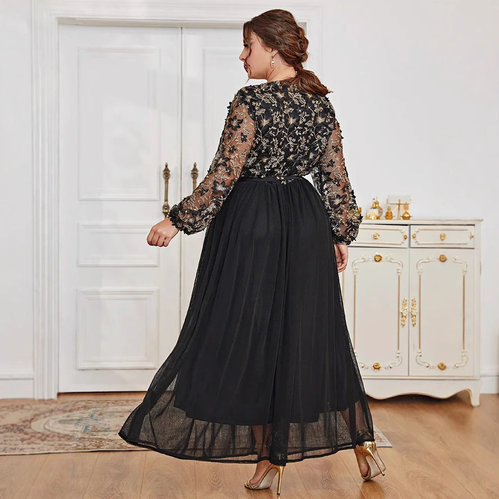 Women Dress V neck Black Panel Long A Line Maxi Dress