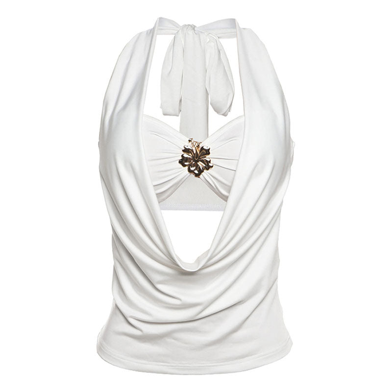 Women Clothing Summer Sexy Hanging Neck Pile Collar Backless Slim Fit Tube Top Vest Set
