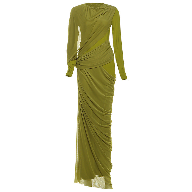 Autumn Winter Slim Fit Fitted Waist Pleated Irregular Asymmetric Solid Color Maxi Dress Women