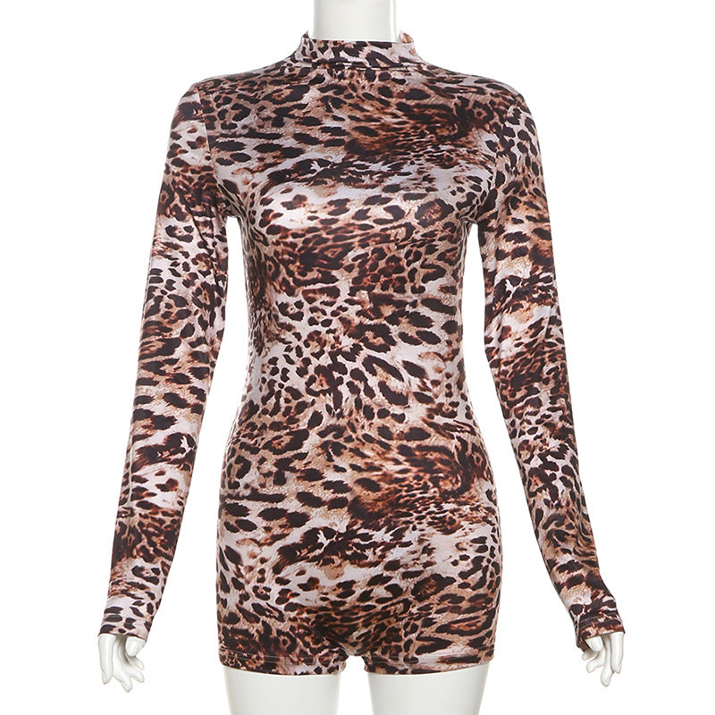 Fall Women Clothing Trend round Neck Long Sleeve Sexy Leopard Print Close Fitting Slim Fitting Jumpsuit