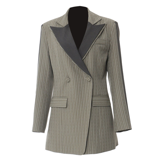 Autumn Winter Heavy Industry Stitching Contrast Color Double Layer Collar Tight Waist Slimming Blazer Top