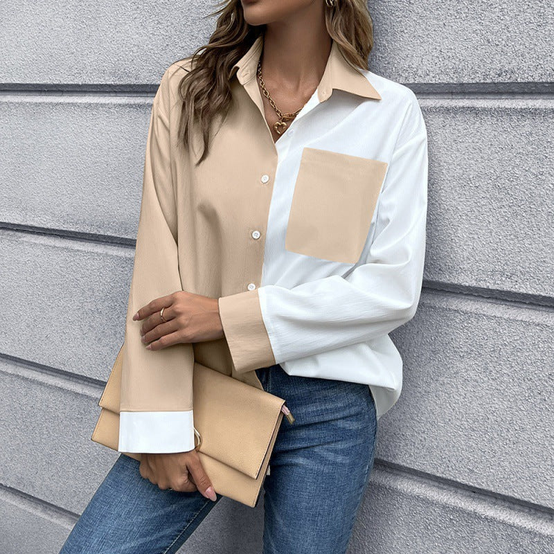 Women Clothing Color Contrast Patchwork Single Breasted Cardigan Shirt Collared Shirt Top Women