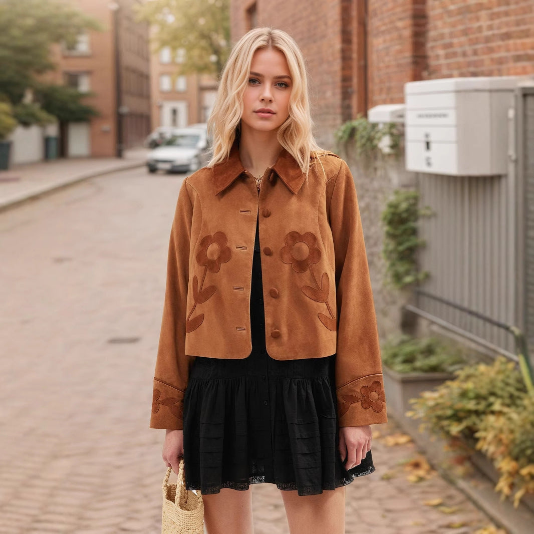 Elegant Retro Suede Floral Exquisite Decoration Embellished Collared Design Fashionable All Match Short Coat