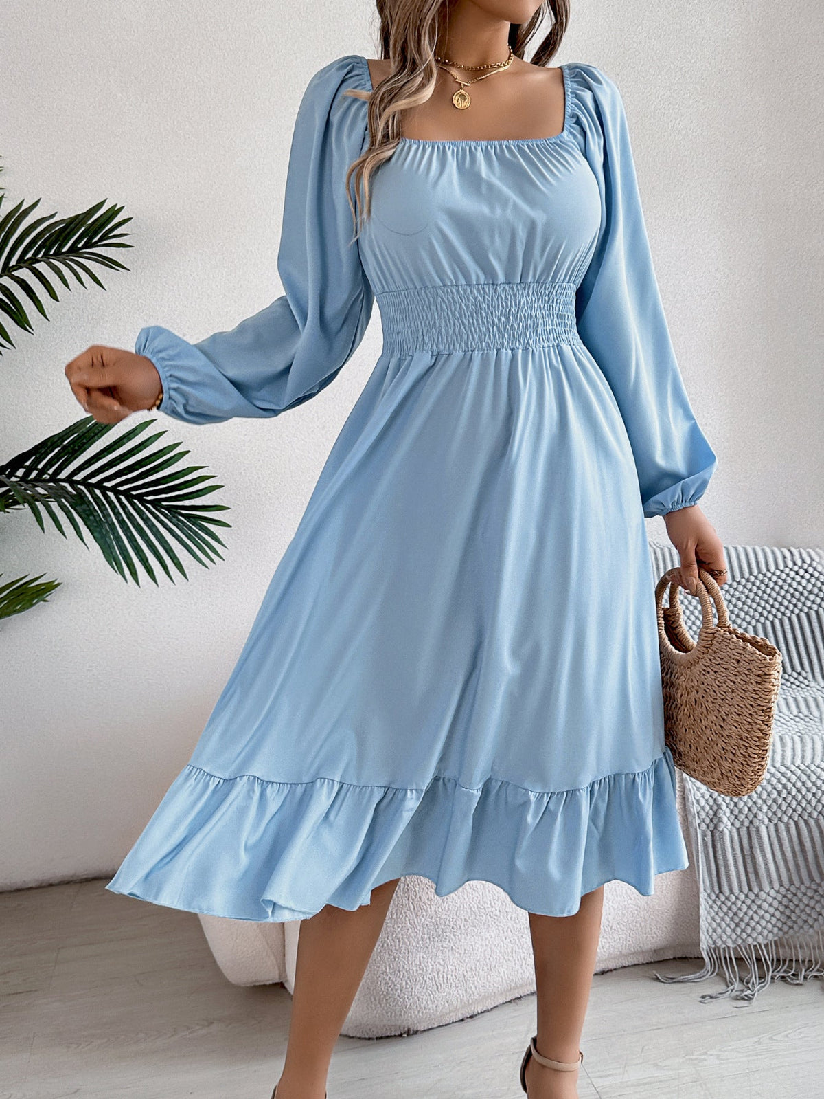 Spring Summer Casual Solid Color Square Collar Long Sleeve Waist Trimming Ruffles A line Dress Women Clothing