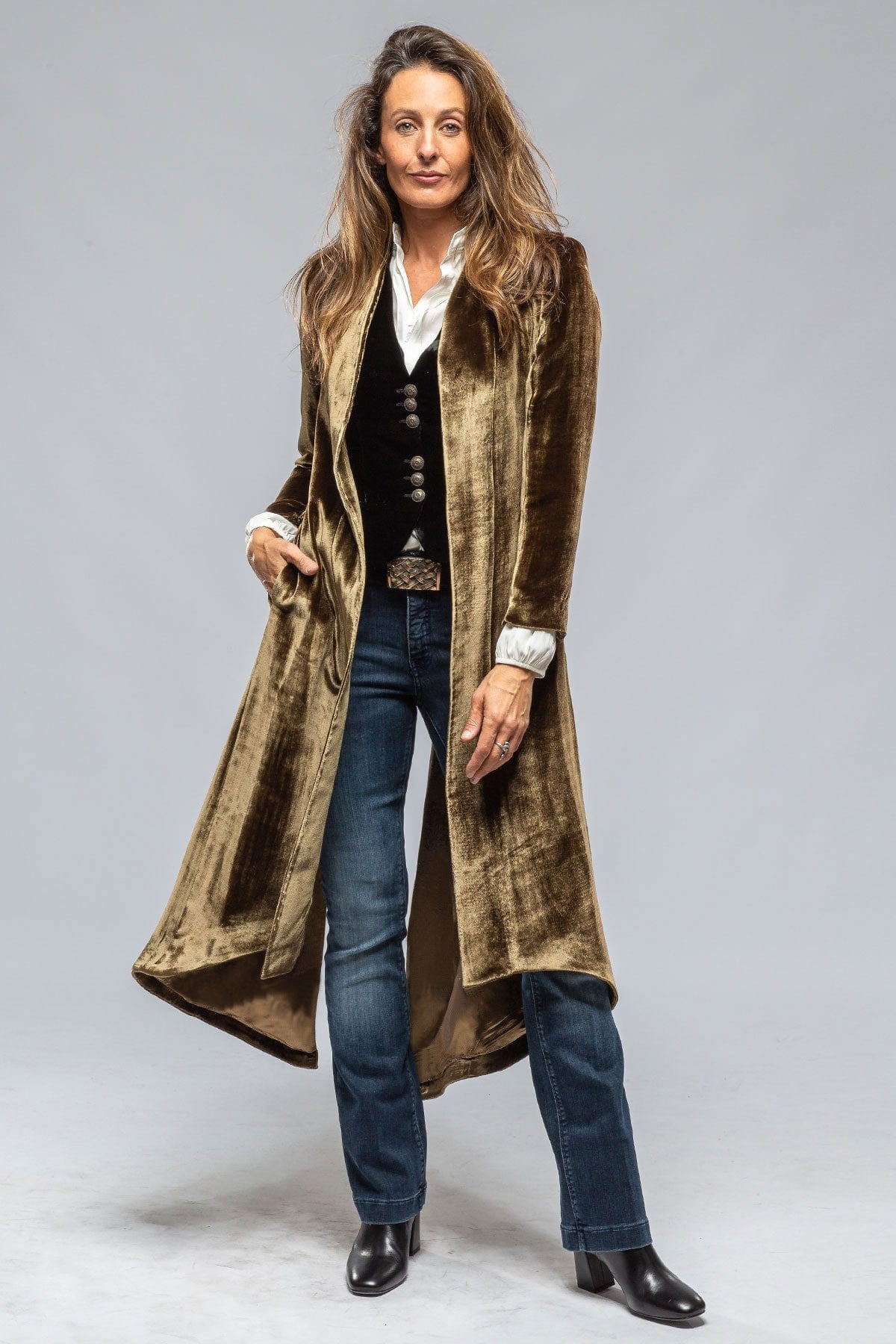 Women Clothing Velvet Long Cardigan Solid Color Retro Split Coat Trench Coat Loose Overcoat