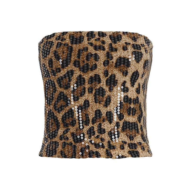 Women Clothing Sequin Leopard Print Tube Top Slim Fit Sexy Sequined Sexy Vest