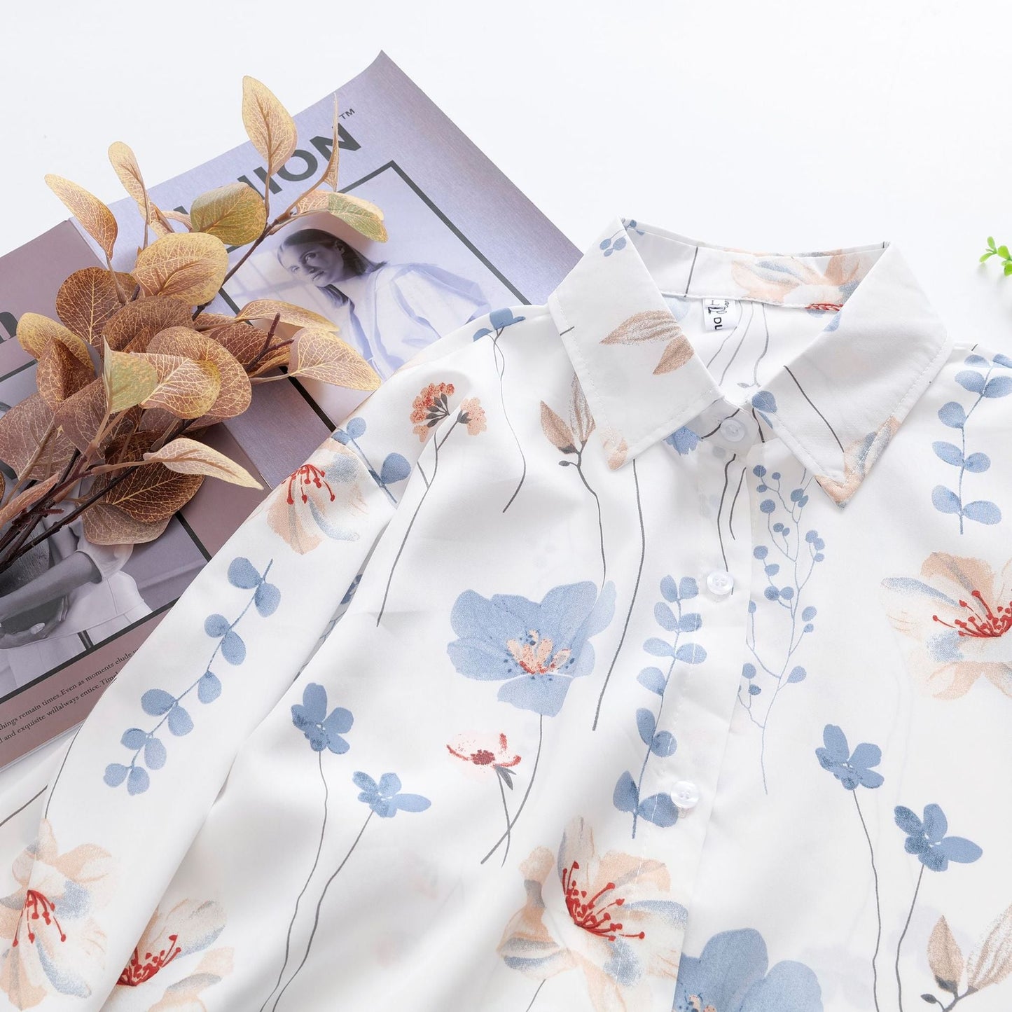 Women Floral Print Loose Collared Long Sleeves Shirt Top