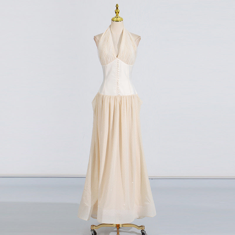 Elegant Maxi Dress Summer Embroidery Hollow Out Cutout out Mesh Stitching Waist Hanging Neck Dress