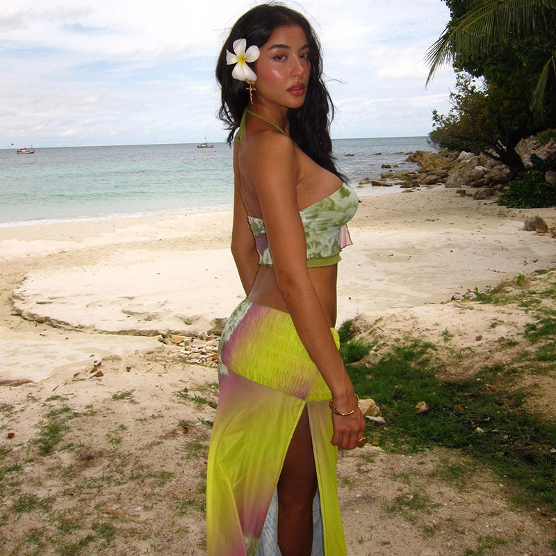 Autumn Winter Women Clothing Personality Mesh Printed Halter Spaghetti Straps Vest Sexy Slit Mid Length Skirt Set