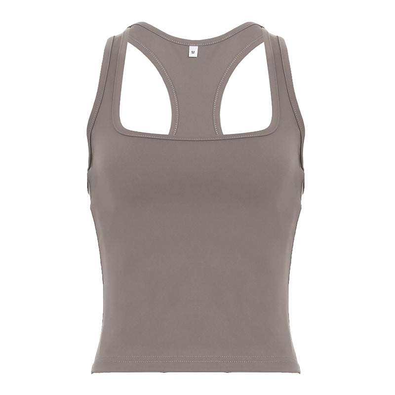 Women Vest Summer Wear Rib High Elastic I Shaped Square round Collar Vest Workout Yoga Top