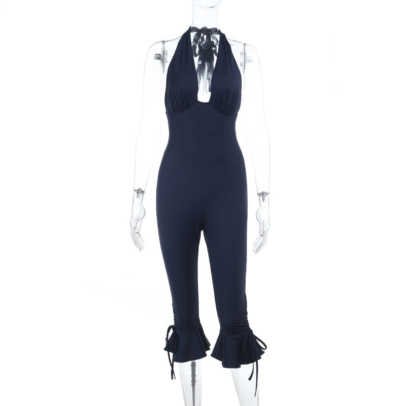 Deep V Plunge Sexy Vest Jumpsuit Autumn Solid Color Sleeveless Halter Jumpsuit