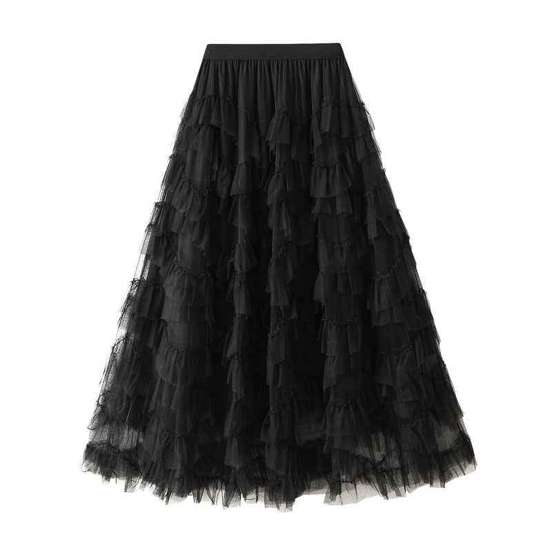 Super Fairy Heavy Industry Lace Mesh Bubble Skirt Slimming Umbrella Skirt Large Swing Elegant Cake Gauze Skirt Mid Length Skirt