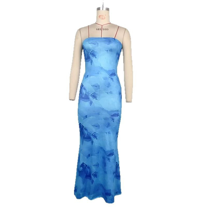 Women Clothes Summer Printed Tube Top Sexy Slim Hip Dress