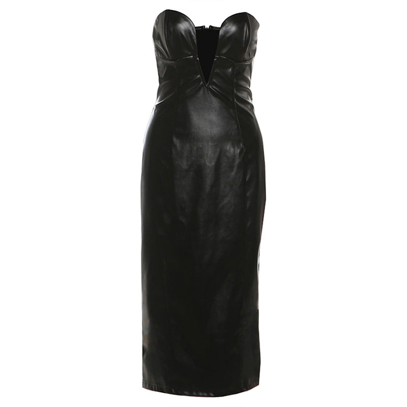 Autumn Winter Women Clothing Sexy Slim Fit Backless V neck Faux Leather Tube Top Elegant Dress