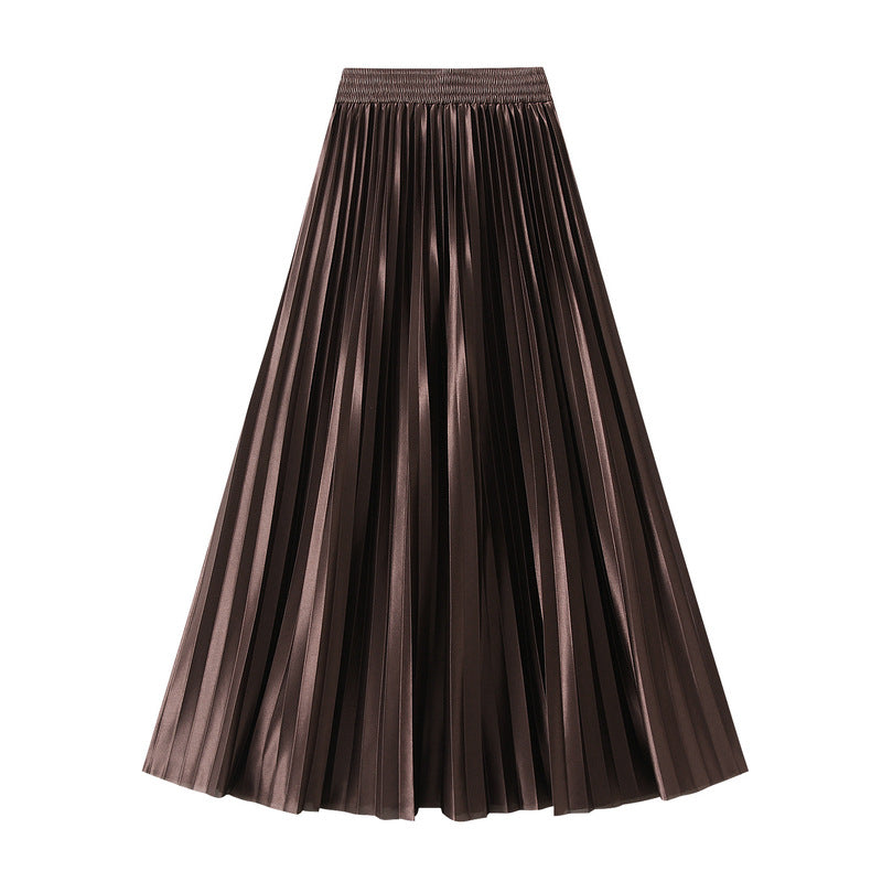Slimming Spring Glossy Glossy High Waist Pleated A line Slimming Long Skirt Women Skirt