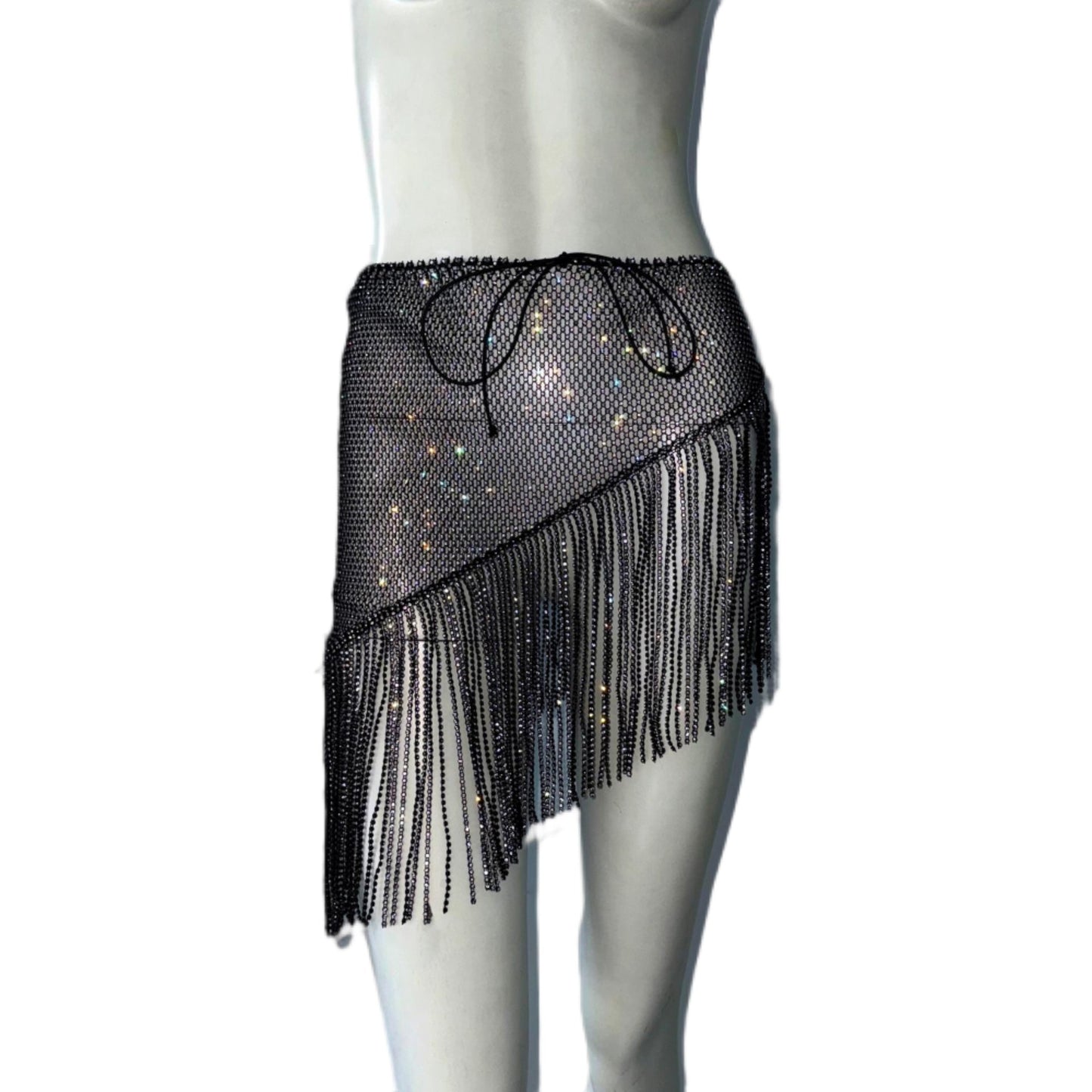 Sexy Skirt Tassel Dress Fishnet Rhinestone Stretch A line Skirt