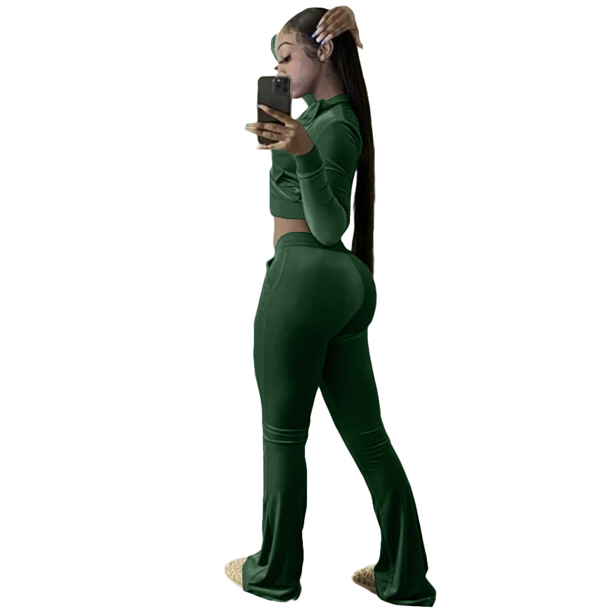 Women Clothing Two-Piece Korean Velvet Solid Color Long Sleeve Sexy cropped Casual Sports Suit