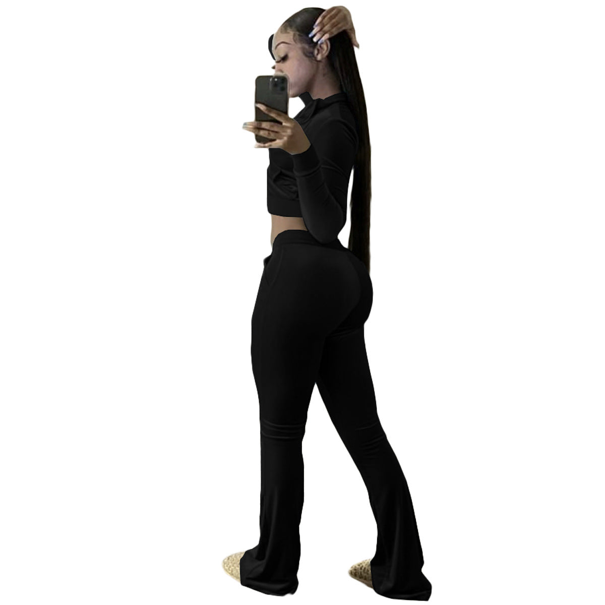 Women Clothing Two-Piece Korean Velvet Solid Color Long Sleeve Sexy cropped Casual Sports Suit