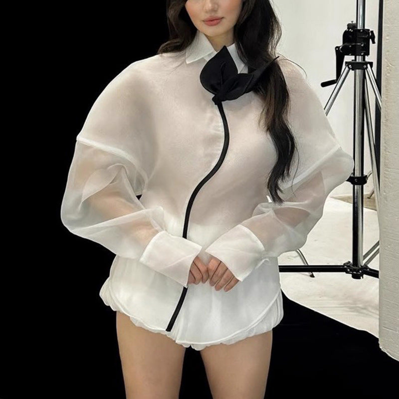 Fashionable Casual Shirt Women Autumn Sweet Lantern Sleeve Stitching Design Loose Top